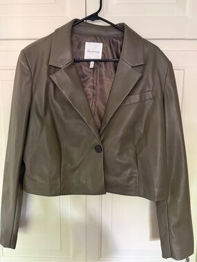 Avec Les Filles Olive Cropped Faux Leather Blazer Jacket